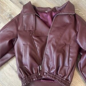 Luxe Bomber-Style Maroon Leather Jacket with Elastic Waist